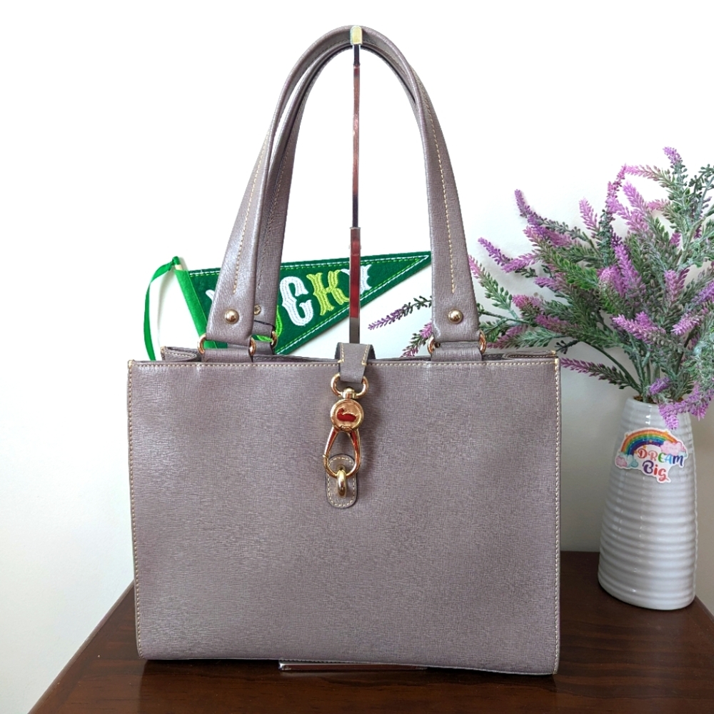 Dooney and Bourke grey taupe saffiano logo lock tote